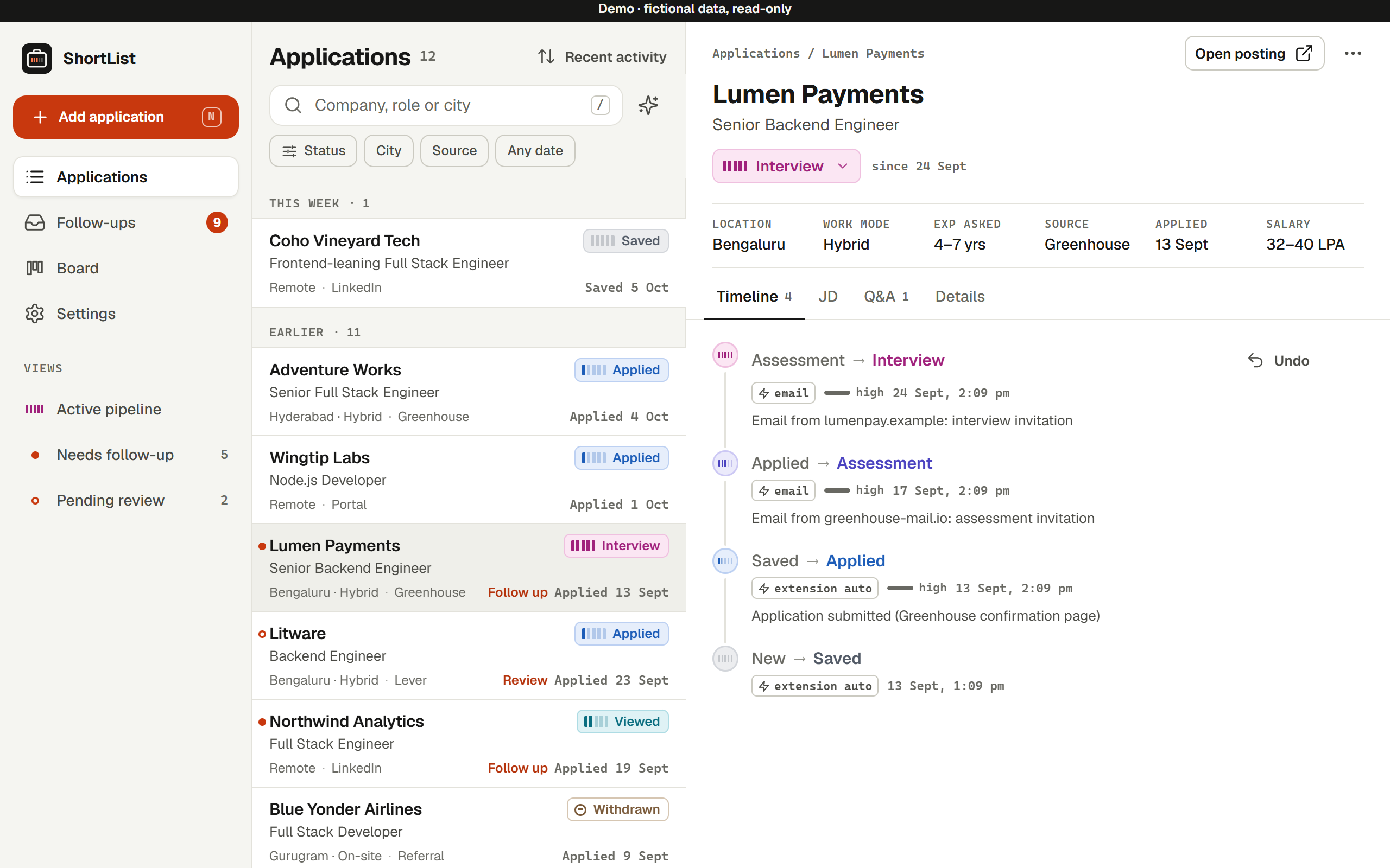 ShortList on desktop: applications, and a timeline updated from email and the browser extension